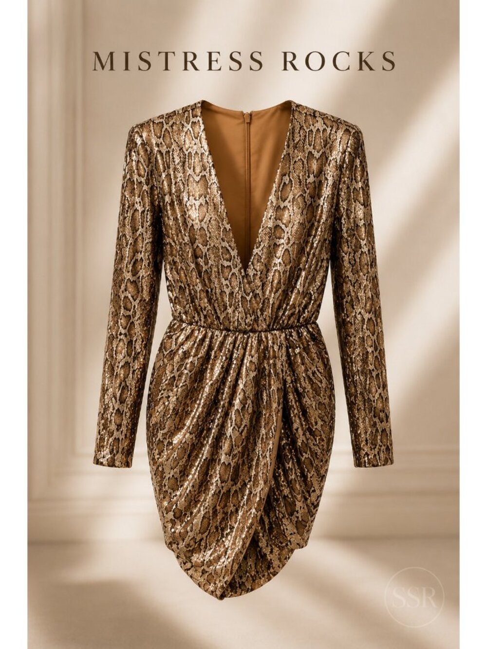 Mistress Rocks Gravity Dress Size S NWT Sequin Snake Print Plunge Long Sleeve Mi